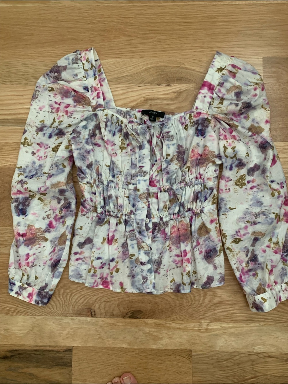 J. Crew Floral Smocked Peasant Top in White, Pink and Purple
